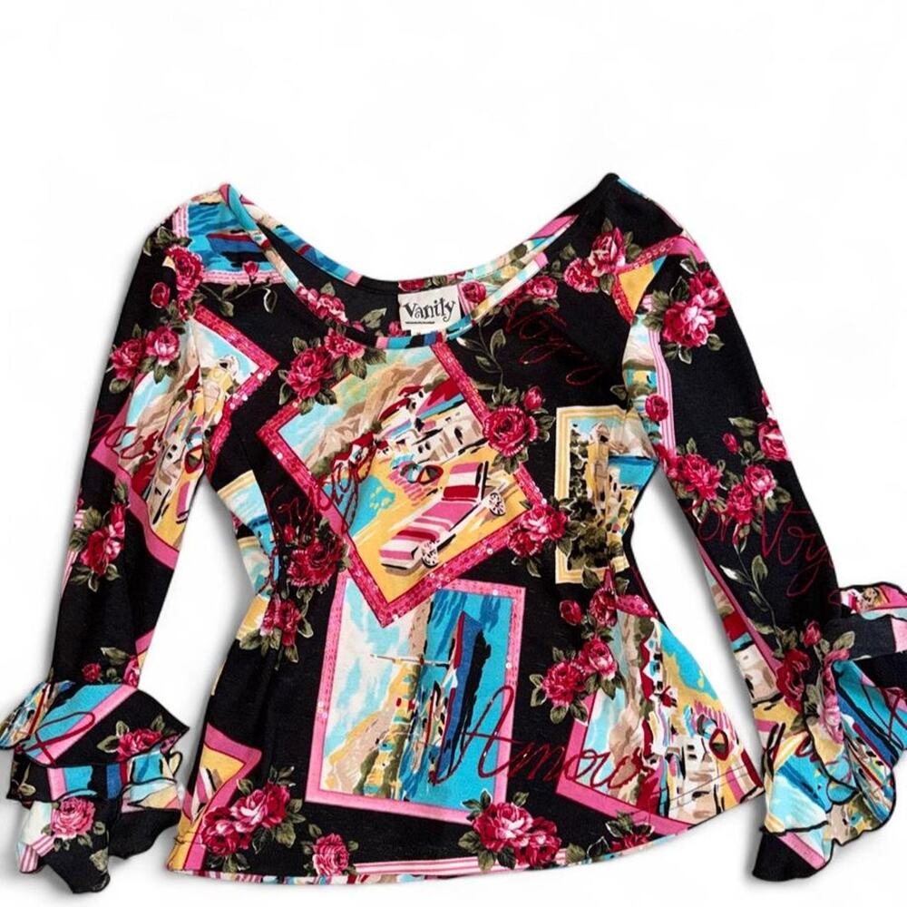 Vintage Y2K Vanity European Summer Postcard Ruffle Cuff Top M